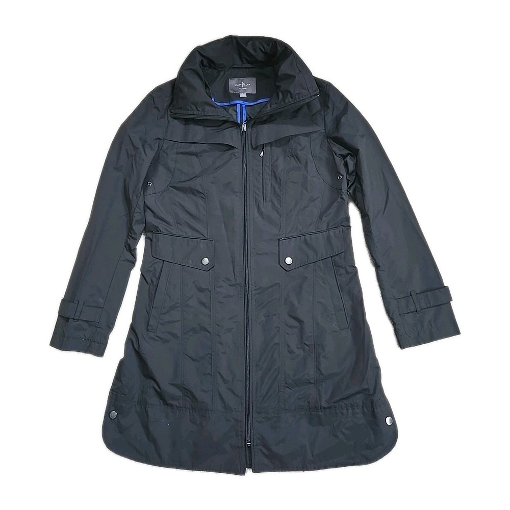 Cole Haan Women Small New York Black Hooded Zip Rain Coat Trench Jacket